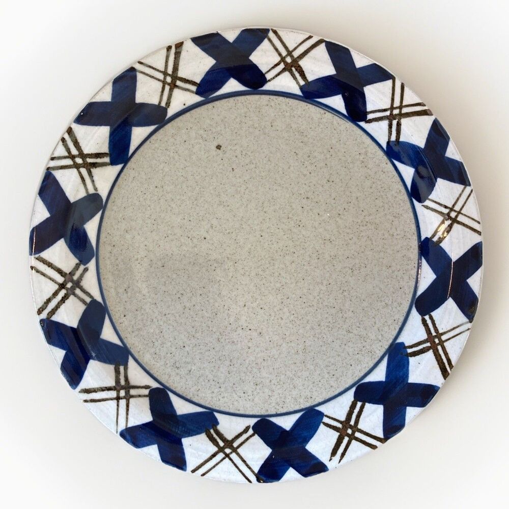 OTAGIRI Dinner Plate 10 1/2" 1202J Hand Crafted Made in Japan Blue Brown Cross